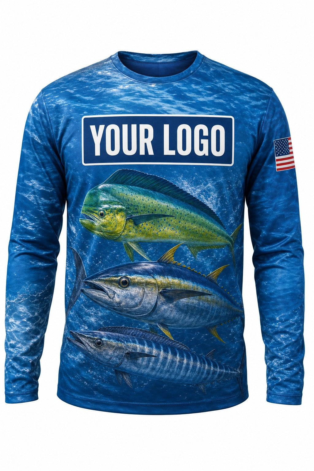 Offshore Trio Custom Fishing Team Uniform - front view, custom company logo all-over-print uniform