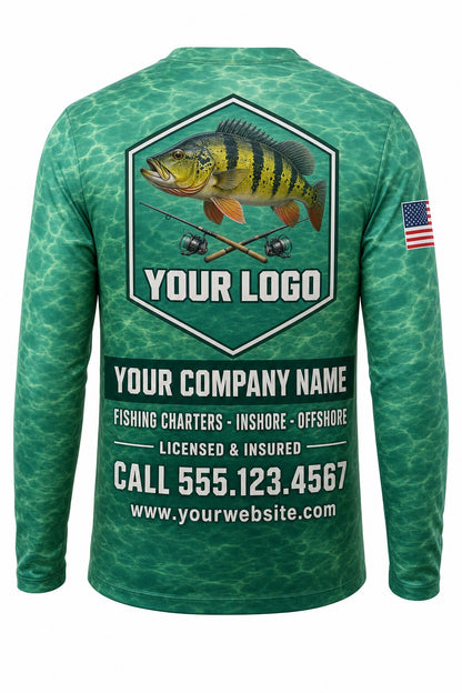 Peacock Bass Custom Fishing Team Uniform - back view, custom company logo all-over-print uniform