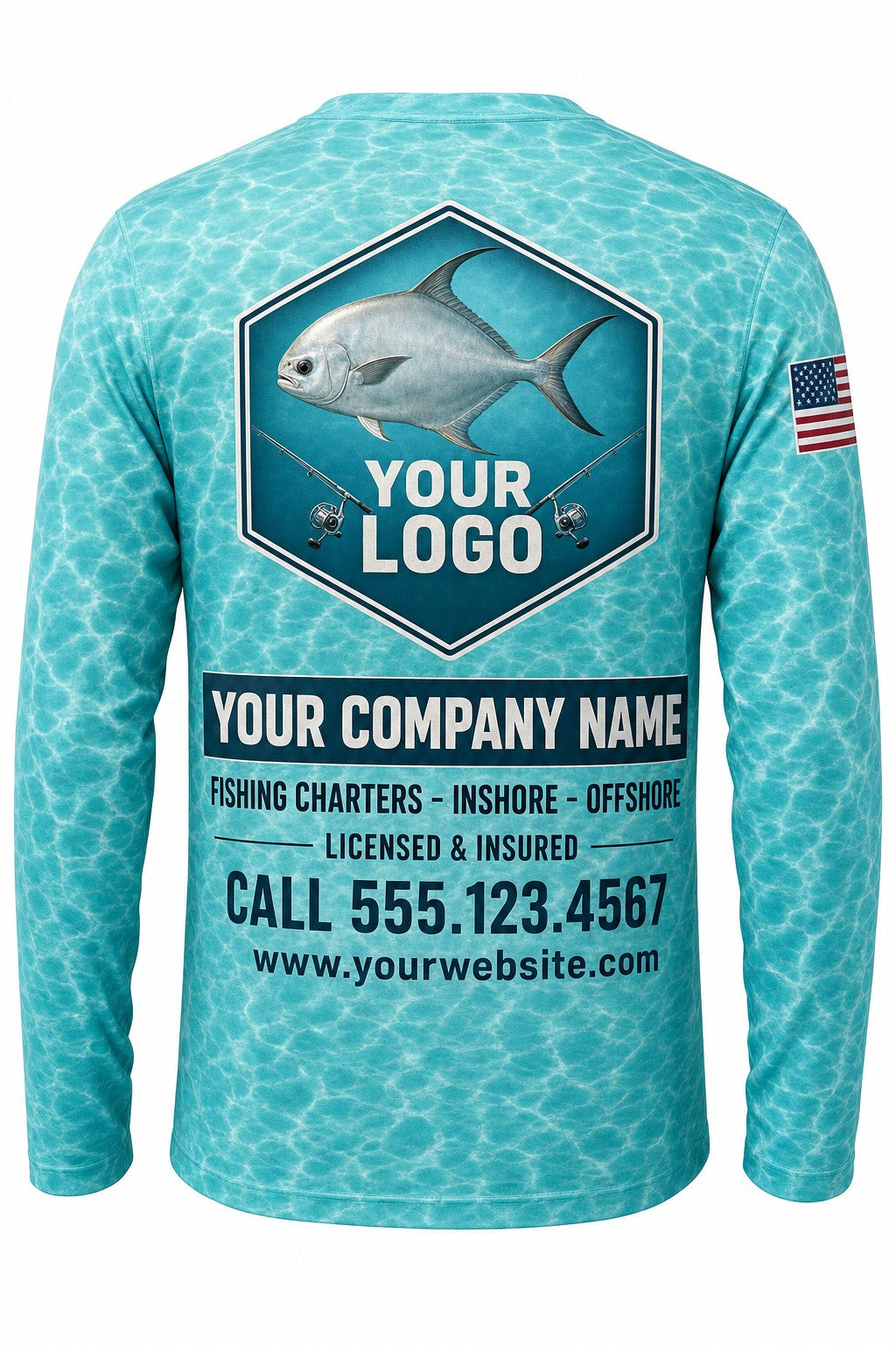 Permit Custom Fishing Team Uniform - back view, custom company logo all-over-print uniform