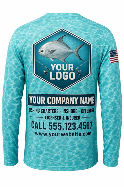 Permit Custom Fishing Team Uniform - back view, custom company logo all-over-print uniform