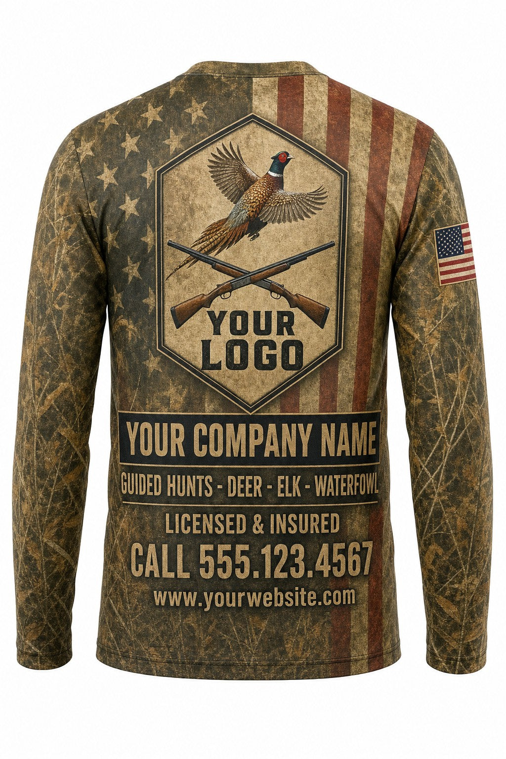 Pheasant Flag Custom Hunting Team Uniform - back view, custom company logo all-over-print uniform