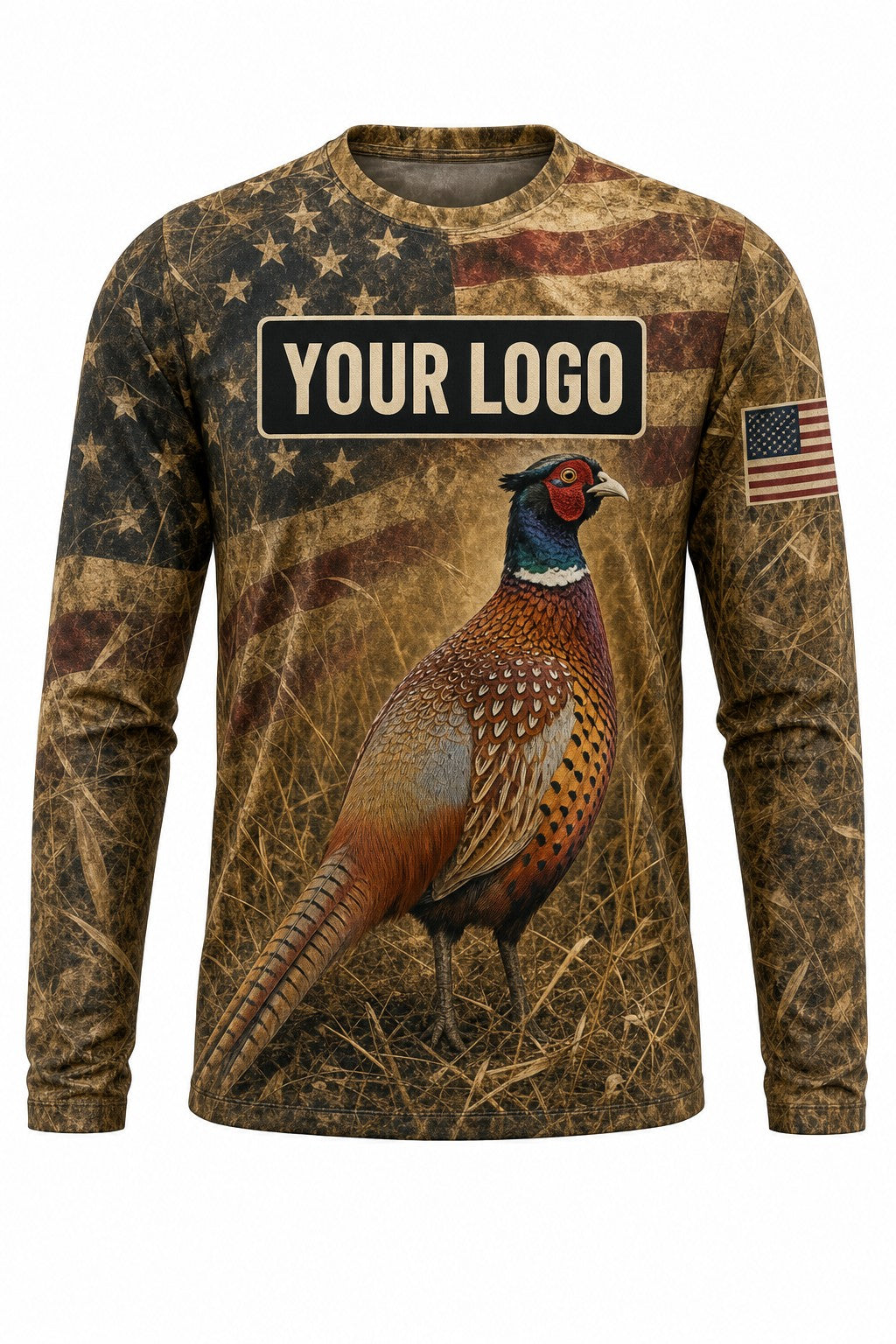 Pheasant Flag Custom Hunting Team Uniform - front view, custom company logo all-over-print uniform