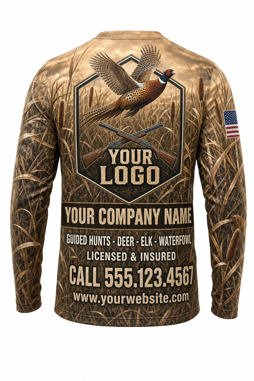 Pheasant Upland Custom Hunting Team Uniform - back view, custom company logo all-over-print uniform