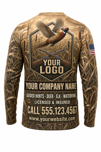 Pheasant Upland Custom Hunting Team Uniform - back view, custom company logo all-over-print uniform