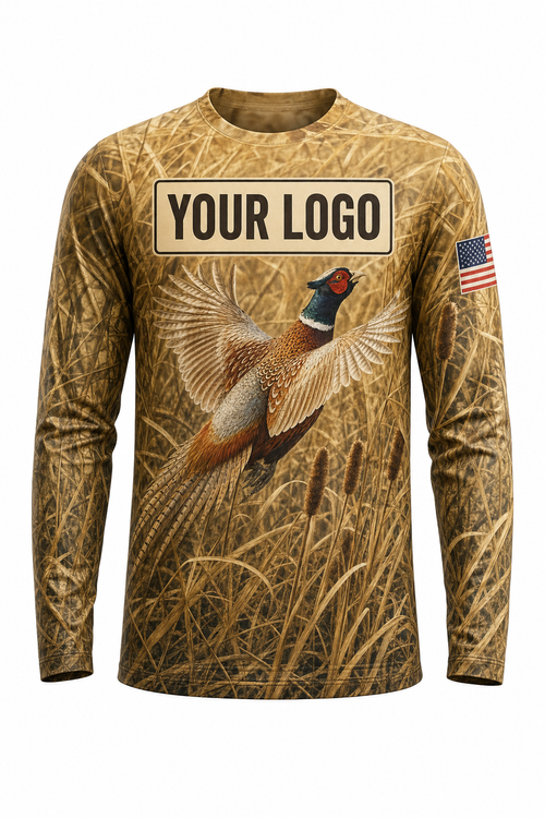 Pheasant Upland Custom Hunting Team Uniform - front view, custom company logo all-over-print uniform
