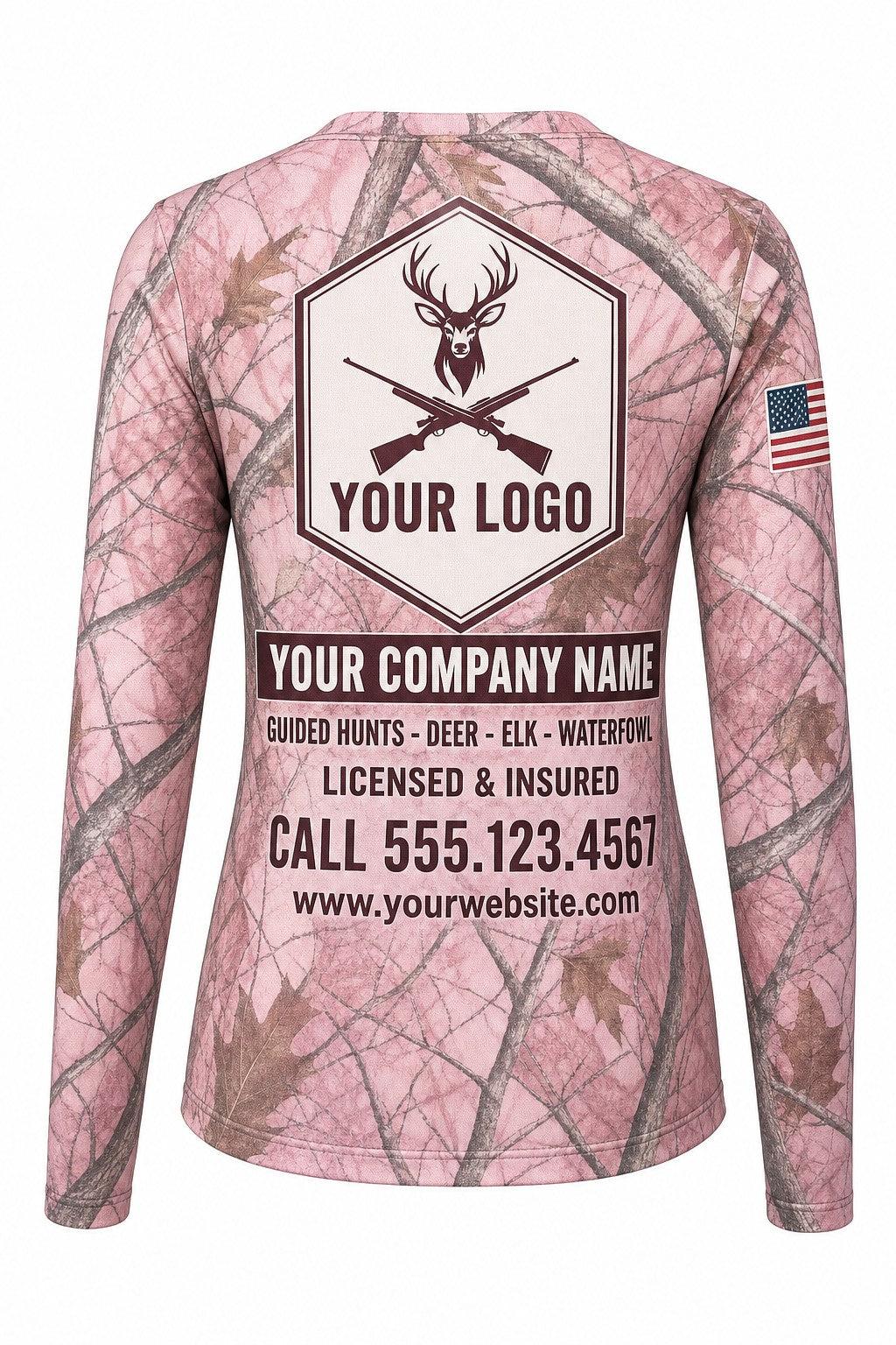 Pink Camo Deer Custom Hunting Team Uniform - back view, custom company logo all-over-print uniform