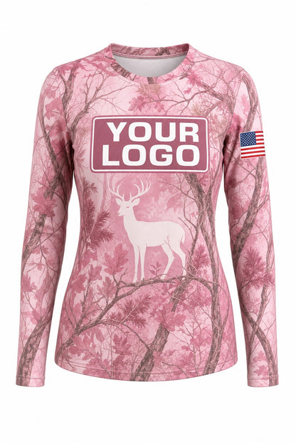 Pink Camo Deer Custom Hunting Team Uniform - front view, custom company logo all-over-print uniform