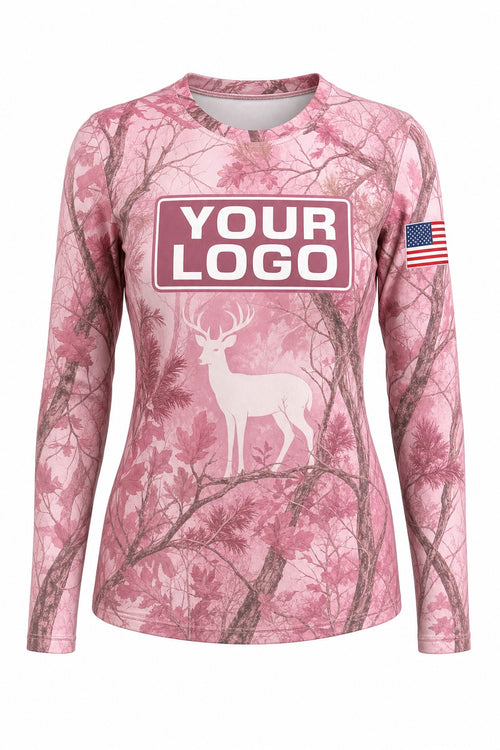Pink Camo Deer Custom Hunting Team Uniform - front view, custom company logo all-over-print uniform