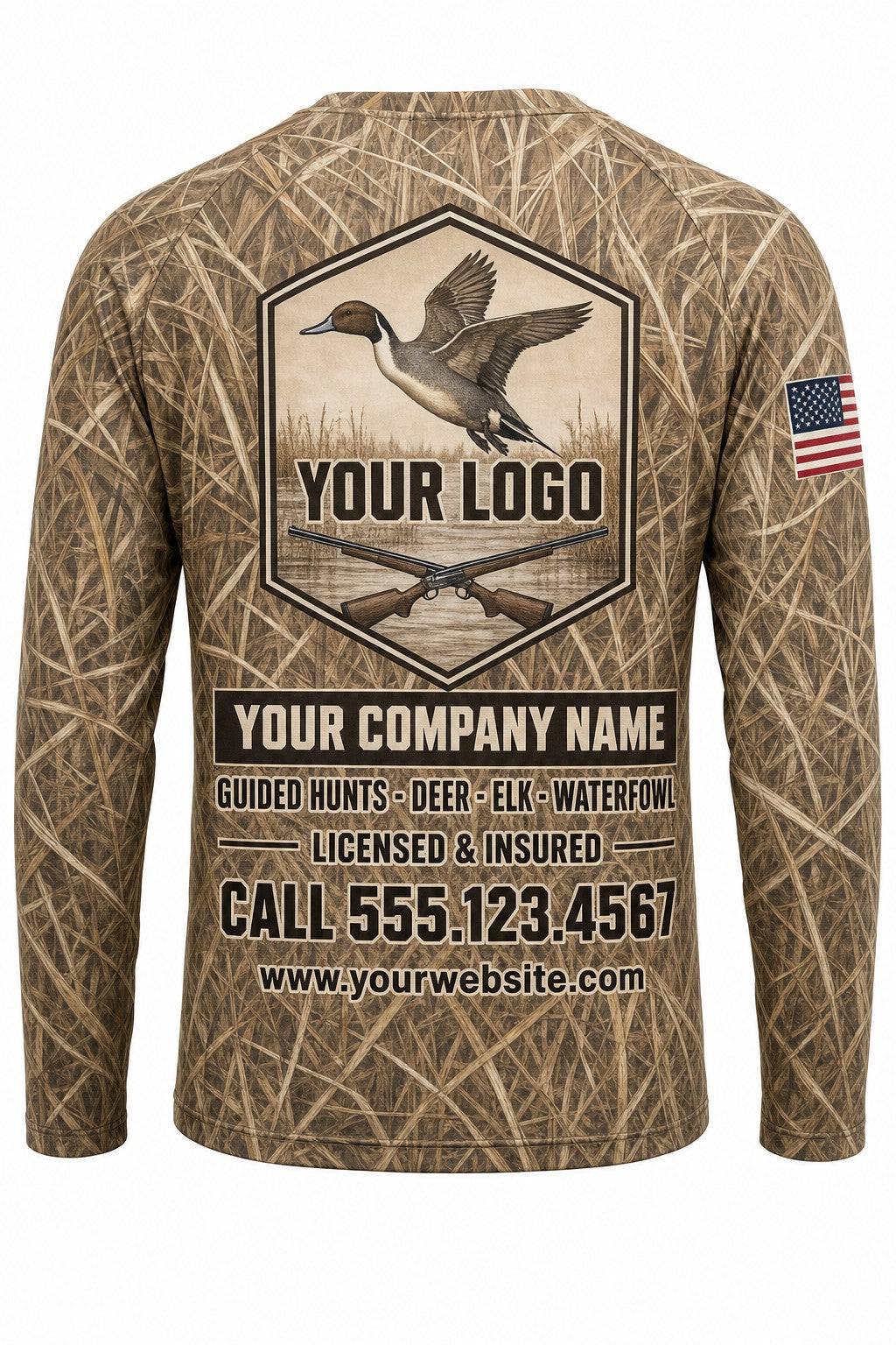 Pintail & Teal Custom Hunting Team Uniform - back view, custom company logo all-over-print uniform