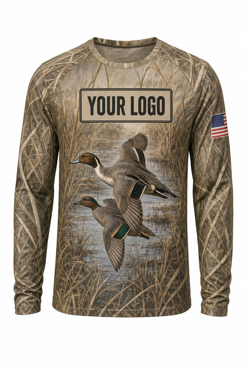Pintail & Teal Custom Hunting Team Uniform - front view, custom company logo all-over-print uniform