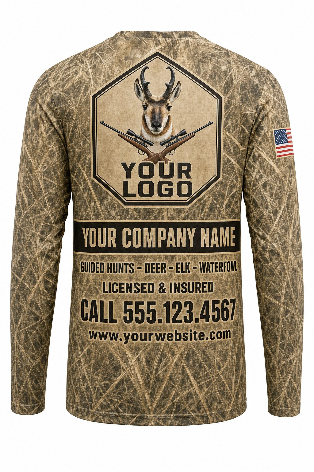 Pronghorn Antelope Custom Hunting Team Uniform - back view, custom company logo all-over-print uniform