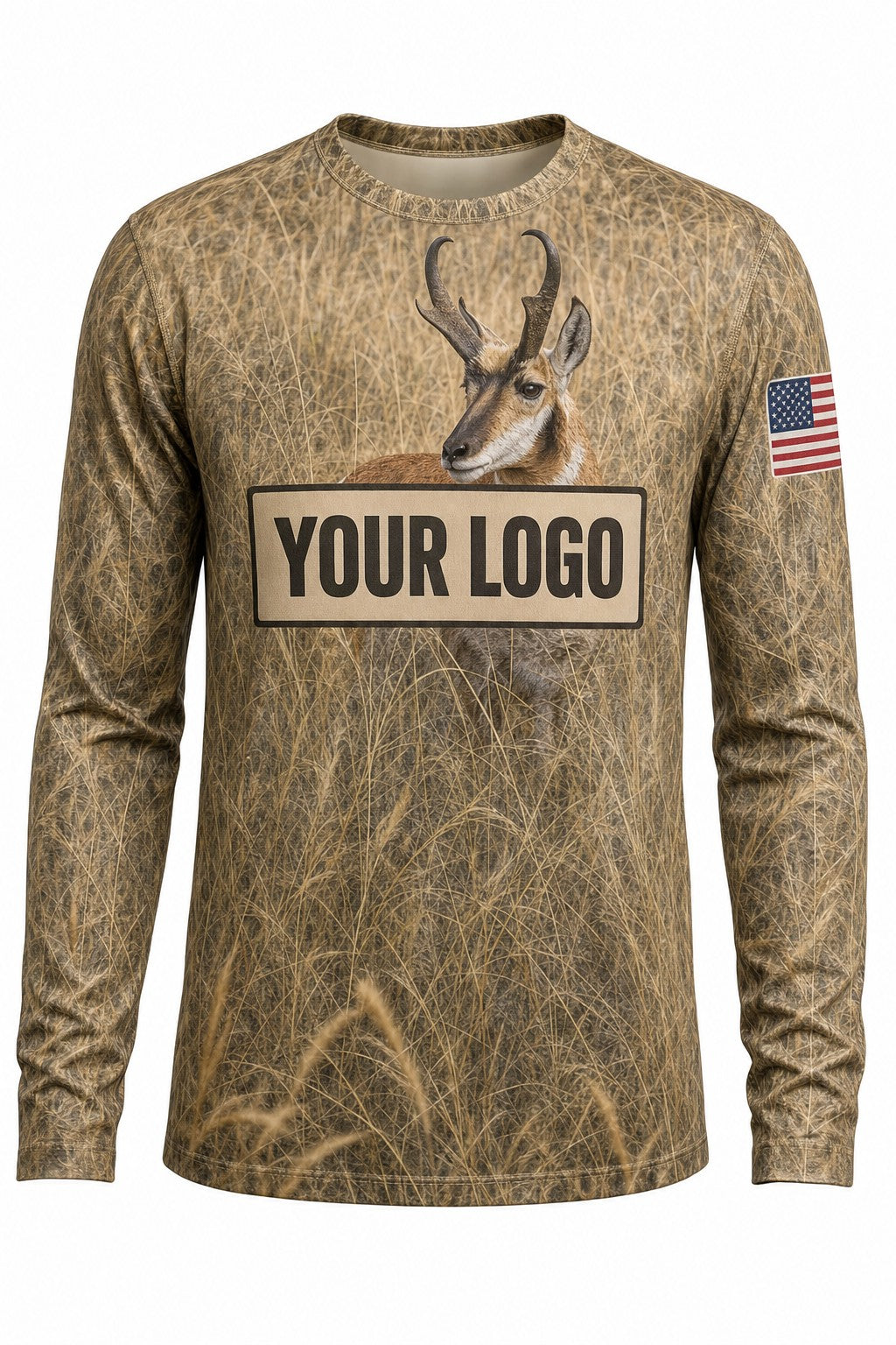 Pronghorn Antelope Custom Hunting Team Uniform - front view, custom company logo all-over-print uniform