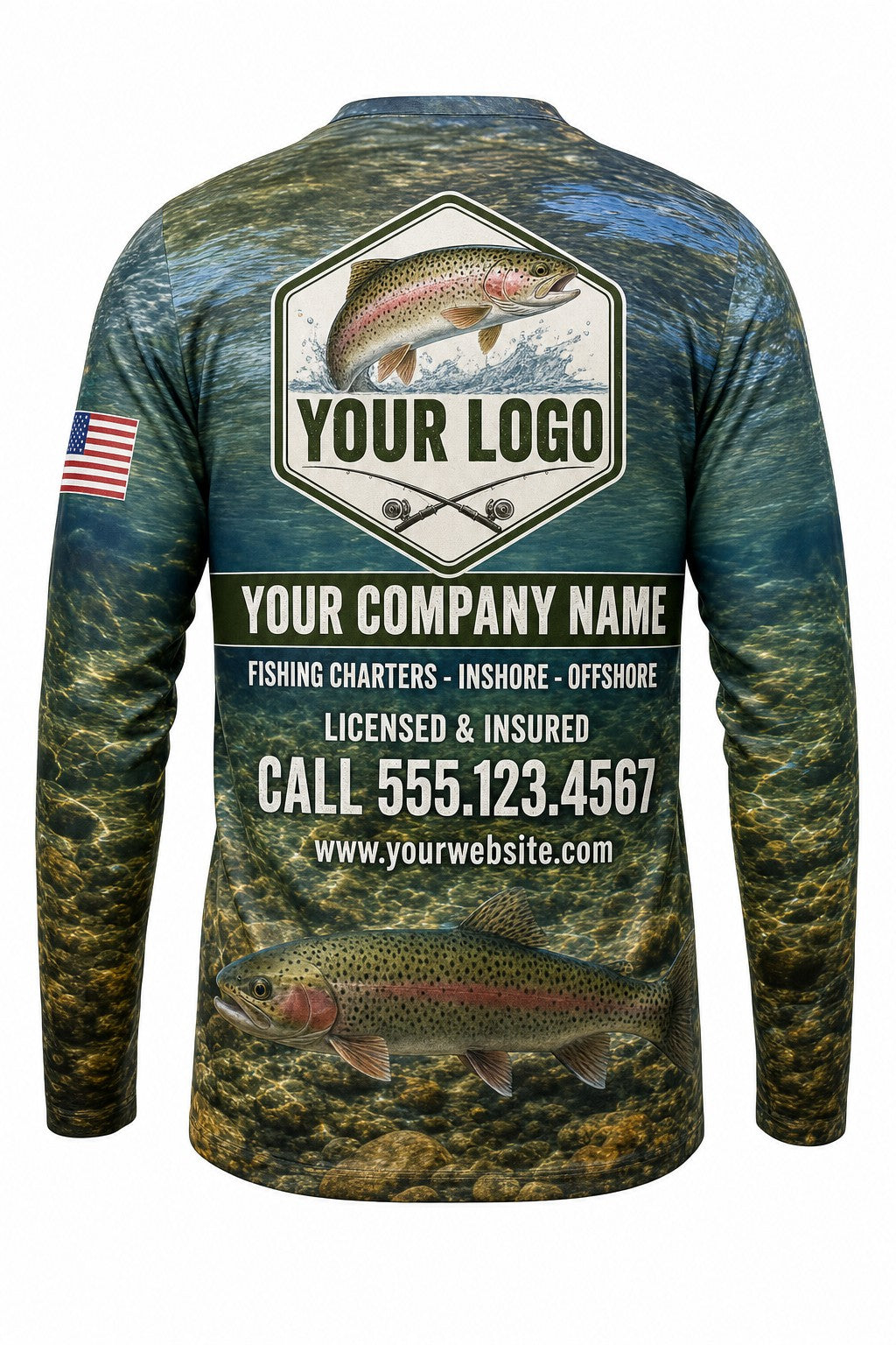 Rainbow Trout Custom Fishing Team Uniform - back view, custom company logo all-over-print uniform