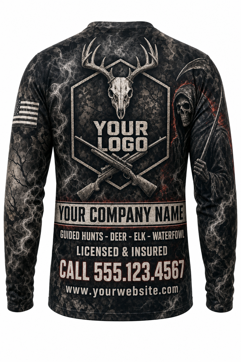 Reaper Buck Skull Custom Hunting Team Uniform - back view, custom company logo all-over-print uniform