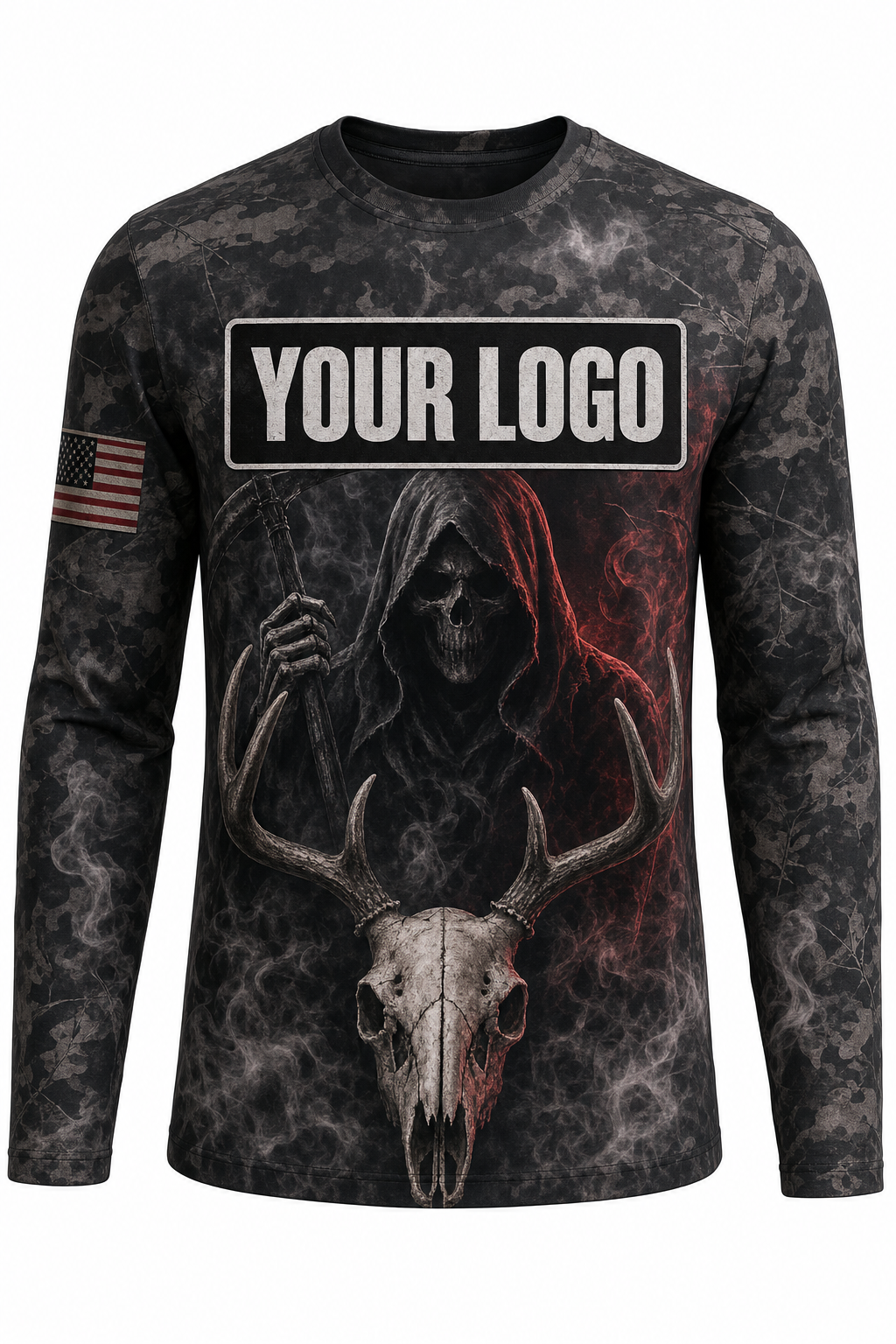 Reaper Buck Skull Custom Hunting Team Uniform - front view, custom company logo all-over-print uniform