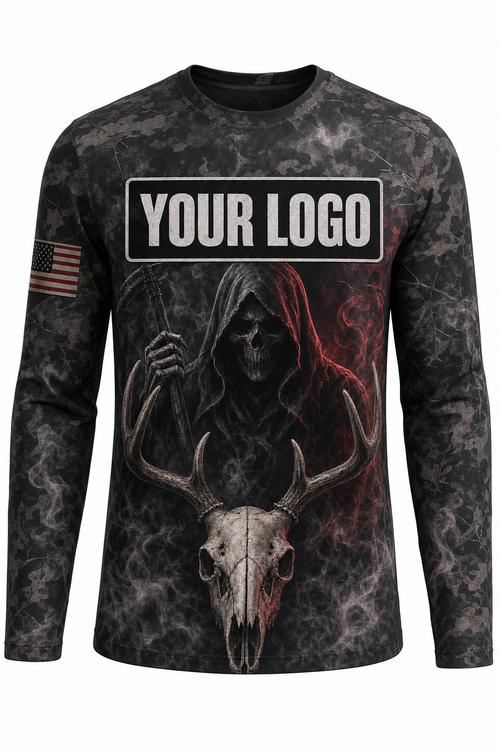 Reaper Buck Skull Custom Hunting Team Uniform - front view, custom company logo all-over-print uniform