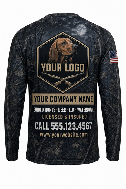 Redbone Coonhound Custom Hunting Team Uniform - back view, custom company logo all-over-print uniform