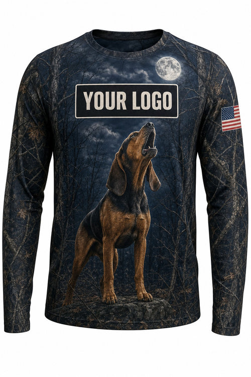 Redbone Coonhound Custom Hunting Team Uniform - front view, custom company logo all-over-print uniform