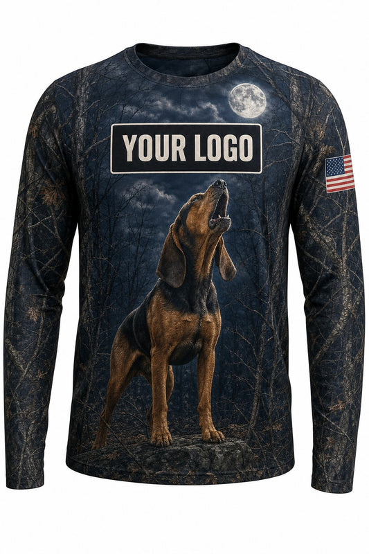 Redbone Coonhound Custom Hunting Team Uniform - front view, custom company logo all-over-print uniform