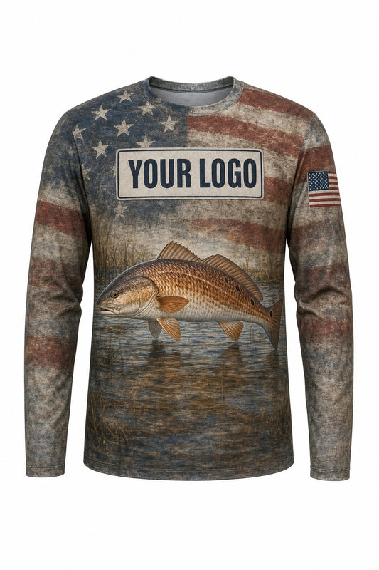 Redfish Flag Custom Fishing Team Uniform - front view, custom company logo all-over-print uniform