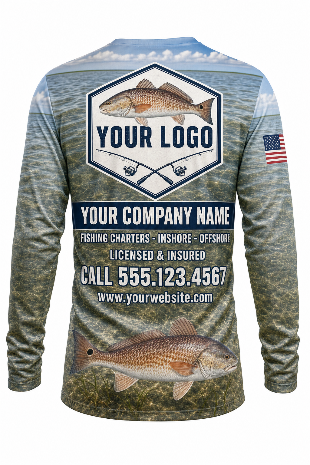 Redfish Inshore Custom Fishing Team Uniform - back view, custom company logo all-over-print uniform