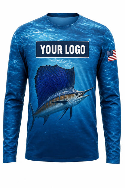 Sailfish Custom Fishing Team Uniform - front view, custom company logo all-over-print uniform