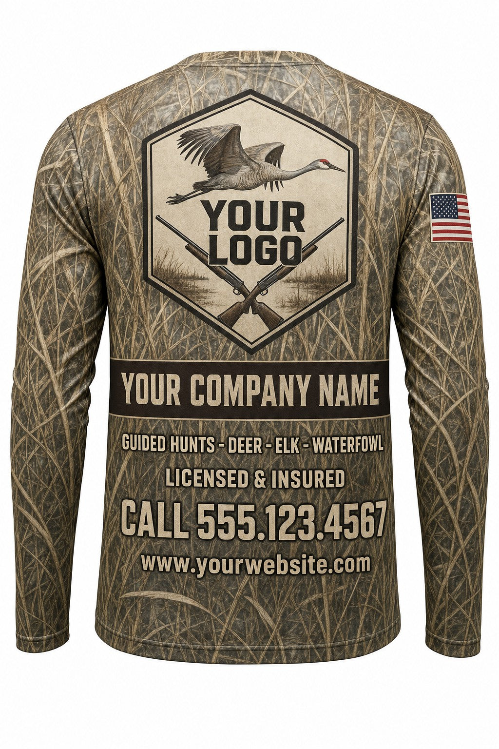Sandhill Crane Custom Hunting Team Uniform - back view, custom company logo all-over-print uniform
