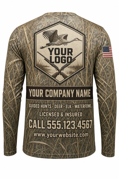 Sandhill Crane Custom Hunting Team Uniform - back view, custom company logo all-over-print uniform