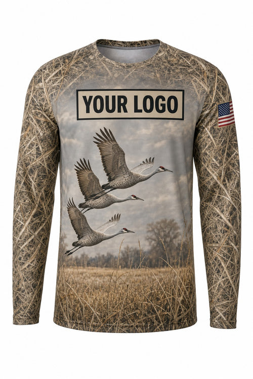 Sandhill Crane Custom Hunting Team Uniform - front view, custom company logo all-over-print uniform