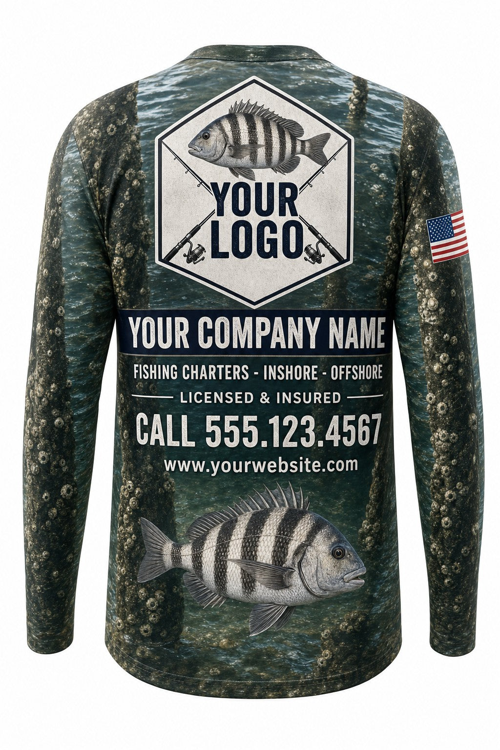Sheepshead Custom Fishing Team Uniform - back view, custom company logo all-over-print uniform