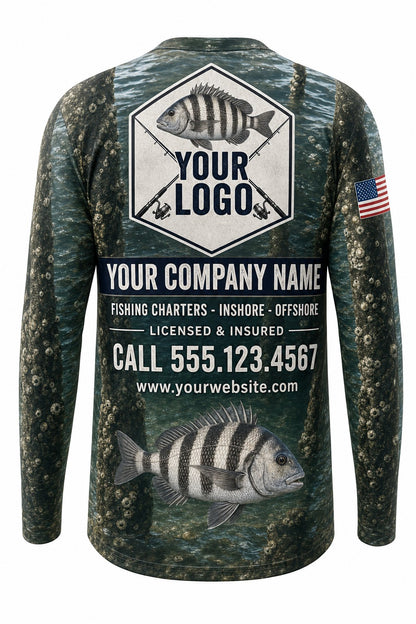 Sheepshead Custom Fishing Team Uniform - back view, custom company logo all-over-print uniform
