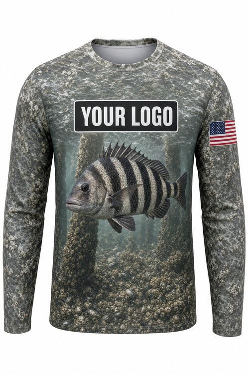 Sheepshead Custom Fishing Team Uniform - front view, custom company logo all-over-print uniform