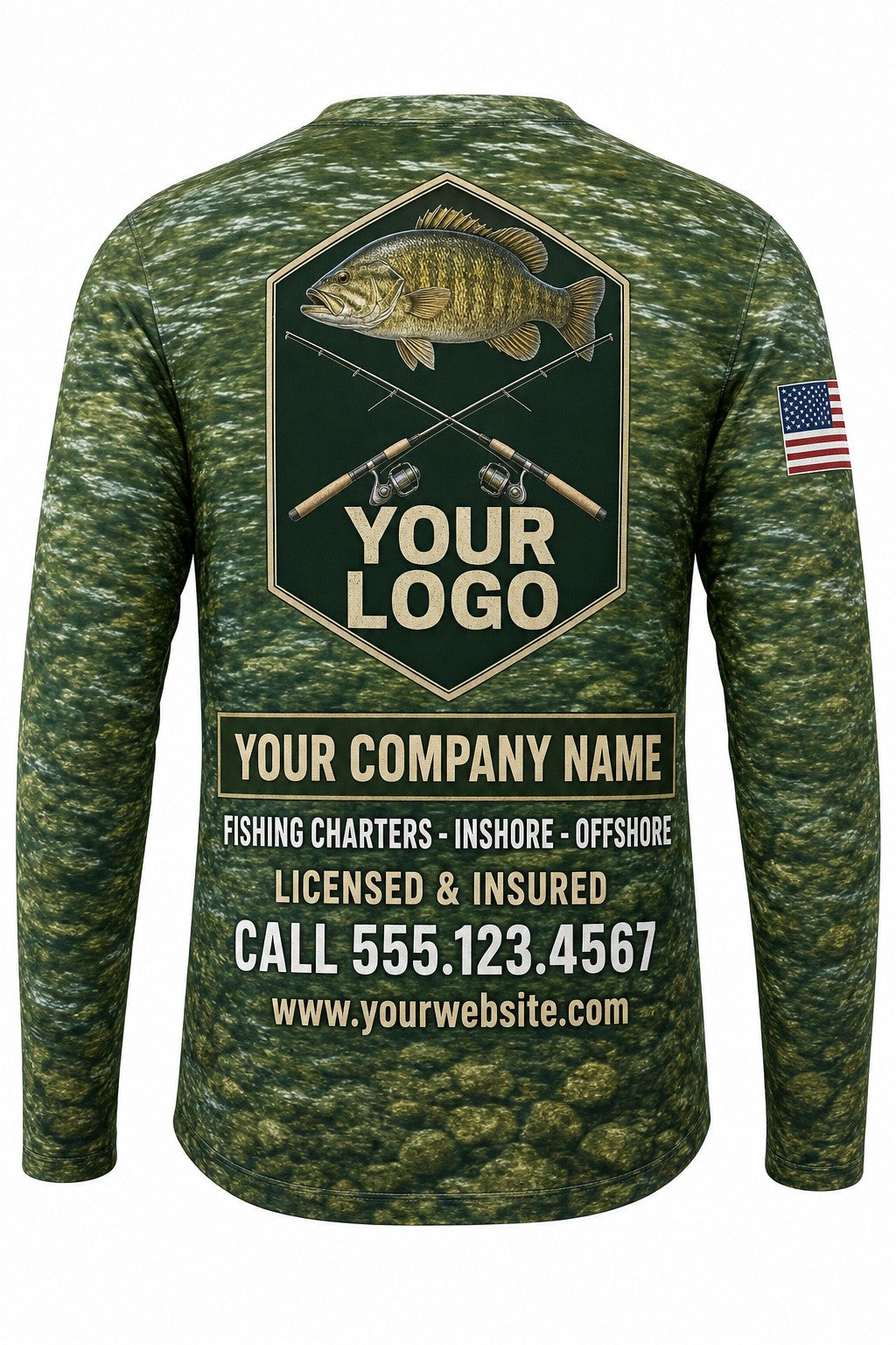 Smallmouth Bass Custom Fishing Team Uniform - back view, custom company logo all-over-print uniform