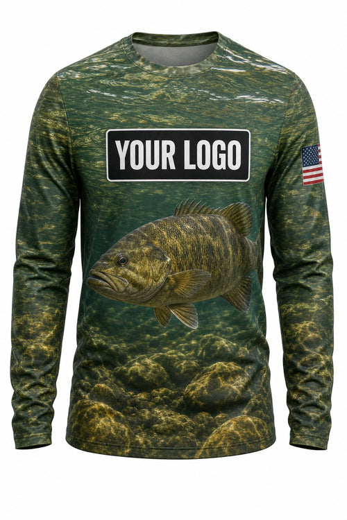 Smallmouth Bass Custom Fishing Team Uniform - front view, custom company logo all-over-print uniform