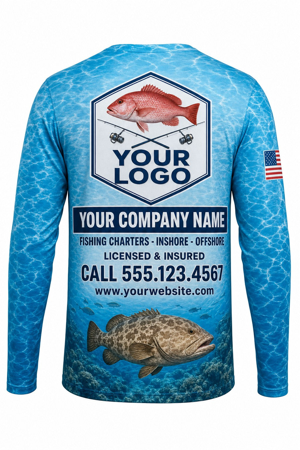 Snapper & Grouper Custom Fishing Team Uniform - back view, custom company logo all-over-print uniform