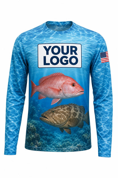 Snapper & Grouper Custom Fishing Team Uniform - front view, custom company logo all-over-print uniform