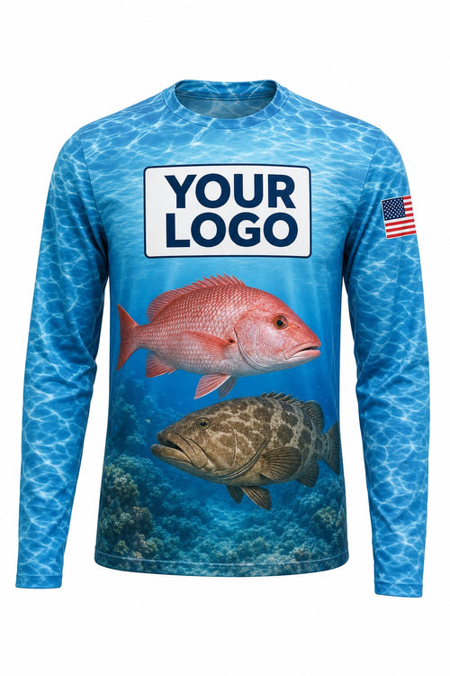 Snapper & Grouper Custom Fishing Team Uniform - front view, custom company logo all-over-print uniform