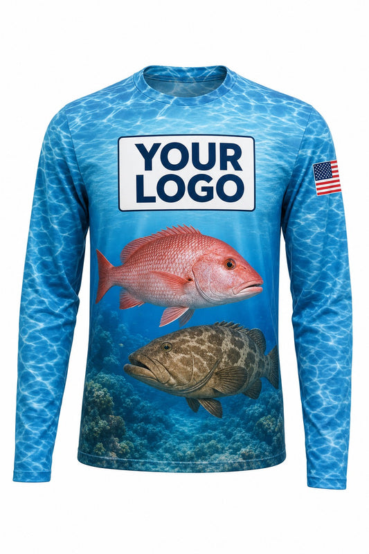 Snapper & Grouper Custom Fishing Team Uniform - front view, custom company logo all-over-print uniform