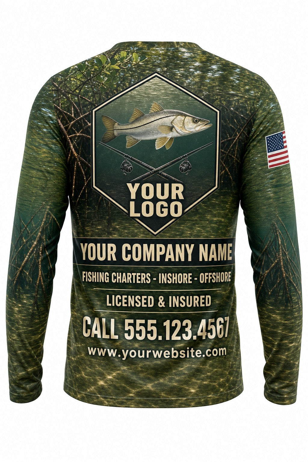 Snook Custom Fishing Team Uniform - back view, custom company logo all-over-print uniform