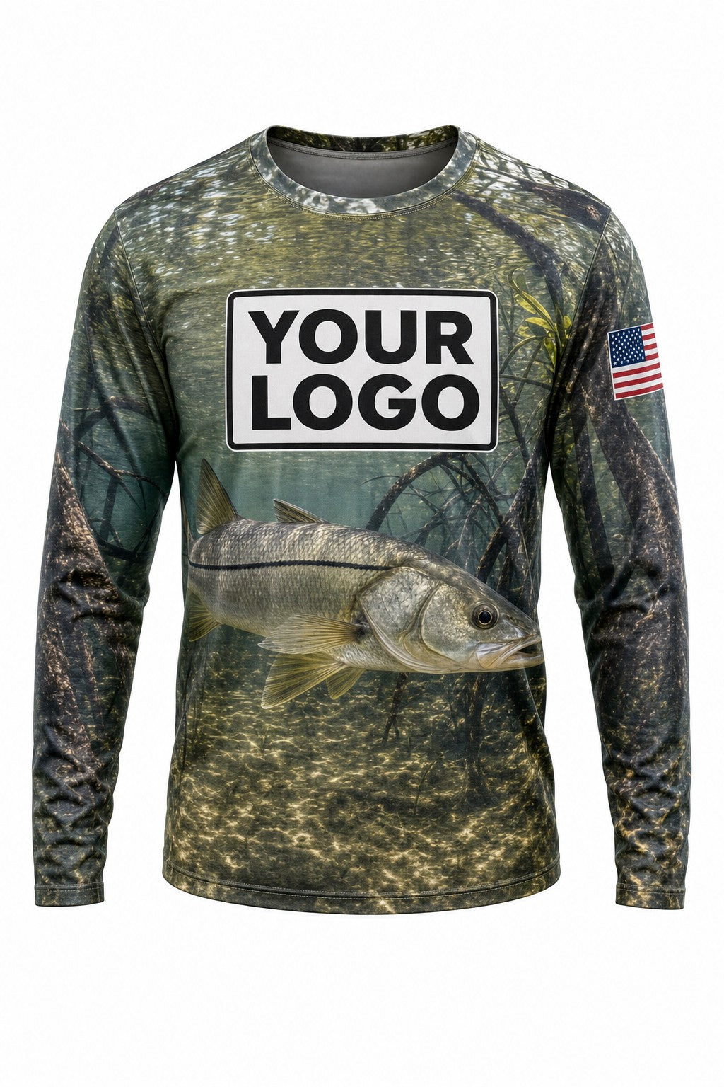 Snook Custom Fishing Team Uniform - front view, custom company logo all-over-print uniform