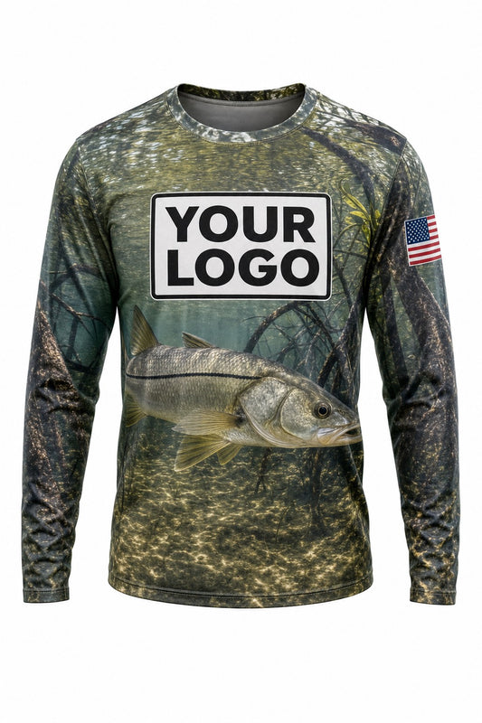 Snook Custom Fishing Team Uniform - front view, custom company logo all-over-print uniform