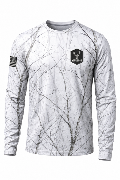 Buck Guide Crew Shirt in snow camo, front view - custom company logo hunting crew uniform long sleeve