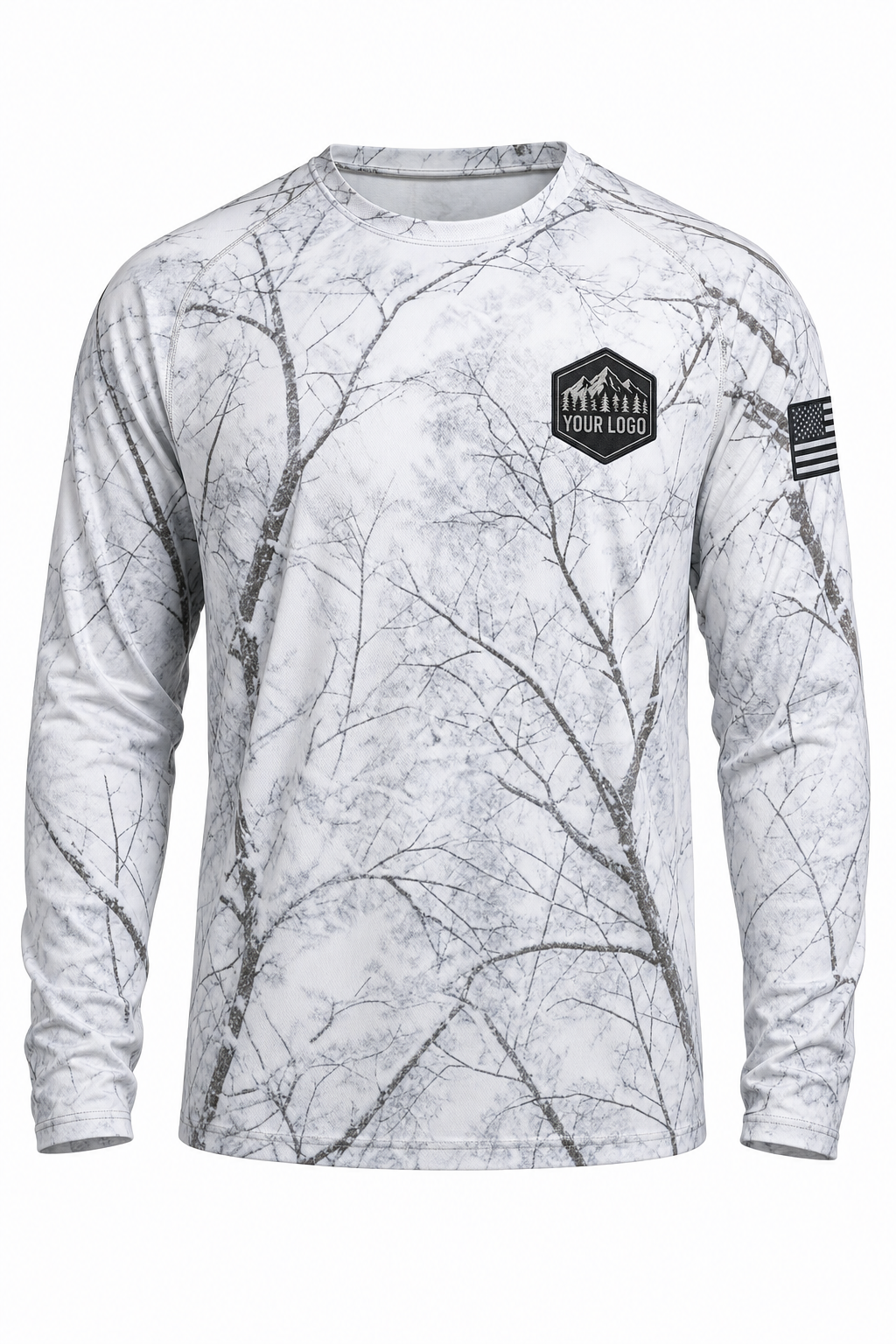 Camo Texture Guide Crew Shirt in snow camo, front view - custom company logo hunting crew uniform long sleeve