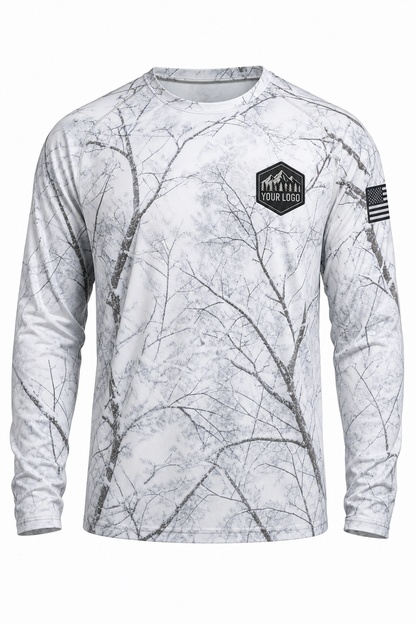 Camo Texture Guide Crew Shirt in snow camo, front view - custom company logo hunting crew uniform long sleeve