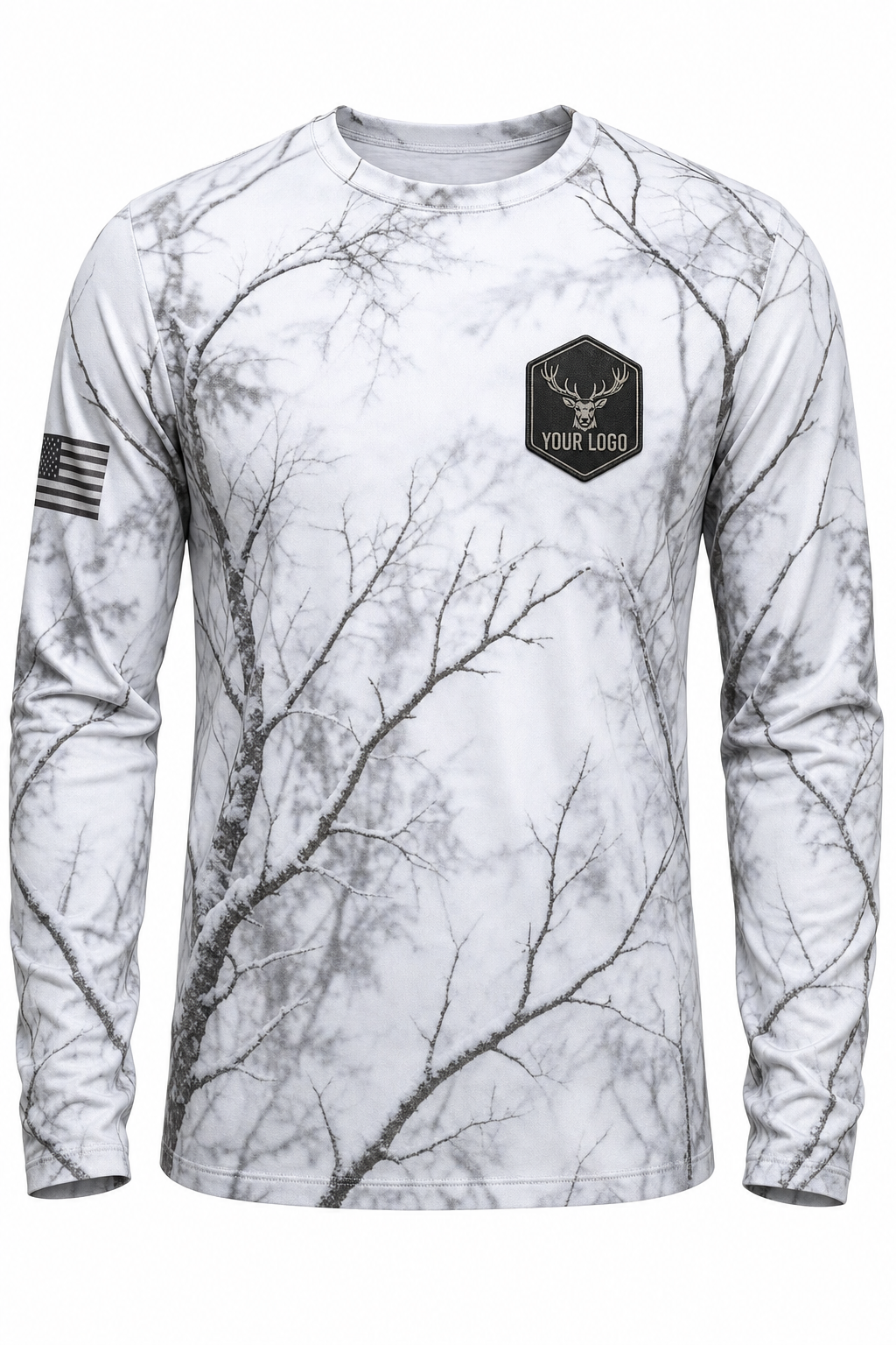 Elk Guide Crew Shirt in snow camo, front view - custom company logo hunting crew uniform long sleeve
