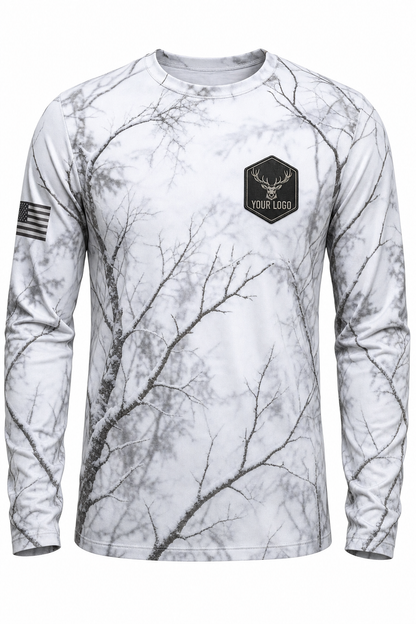 Elk Guide Crew Shirt in snow camo, front view - custom company logo hunting crew uniform long sleeve