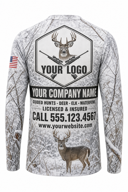 Snow Late Season Buck Custom Hunting Team Uniform - back view, custom company logo all-over-print uniform