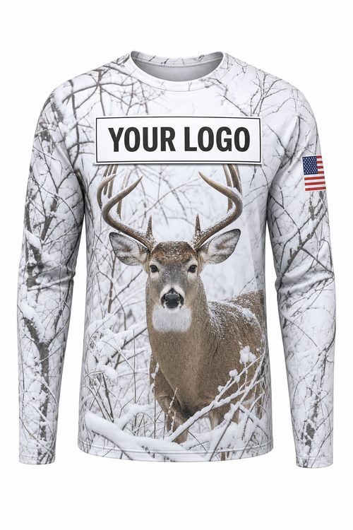 Snow Late Season Buck Custom Hunting Team Uniform - front view, custom company logo all-over-print uniform
