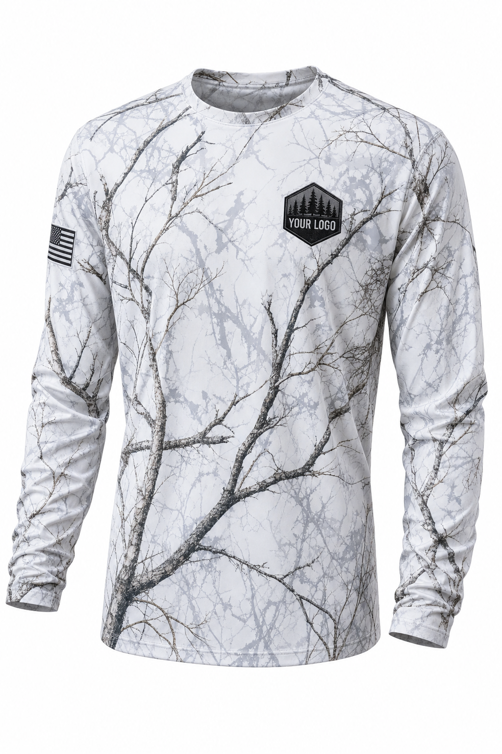 Pine Forest Guide Crew Shirt in snow camo, front view - custom company logo hunting crew uniform long sleeve
