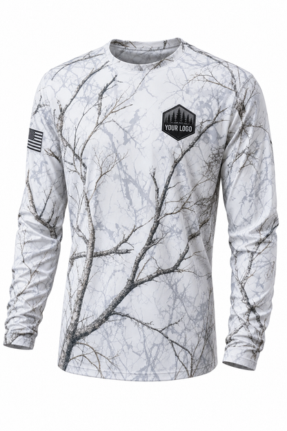 Pine Forest Guide Crew Shirt in snow camo, front view - custom company logo hunting crew uniform long sleeve